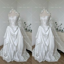 Stain Wedding Dress Ruffles Skirt Lace Applique Sweep Train Vintage Bridal Gown