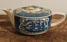 Royal China Teapot Currier & Ives Blue White Nautical Ship / Lighthouse Clean