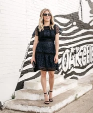 Ann Taylor Dress Fit&flare Eyelet Navy Women 12 Elegant Timeless New 462113