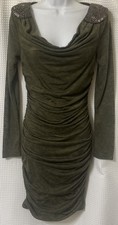 INC Dress Womens S M Olive Green Ruched Sides Beaded Bodycon Stretch Sexy