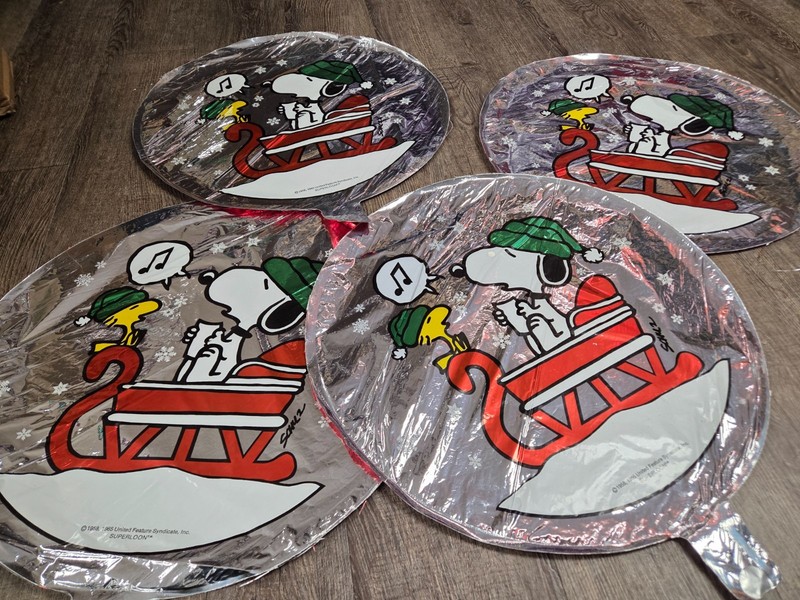Christmas Holiday Snoopy On Sled Vintage Mylar Balloons From 1980s Lot of 4