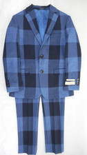 Boys T.O. Deep  Navy Blue Large Checked Jacket  Pants 2PC Suit Slim Sizes 8-16