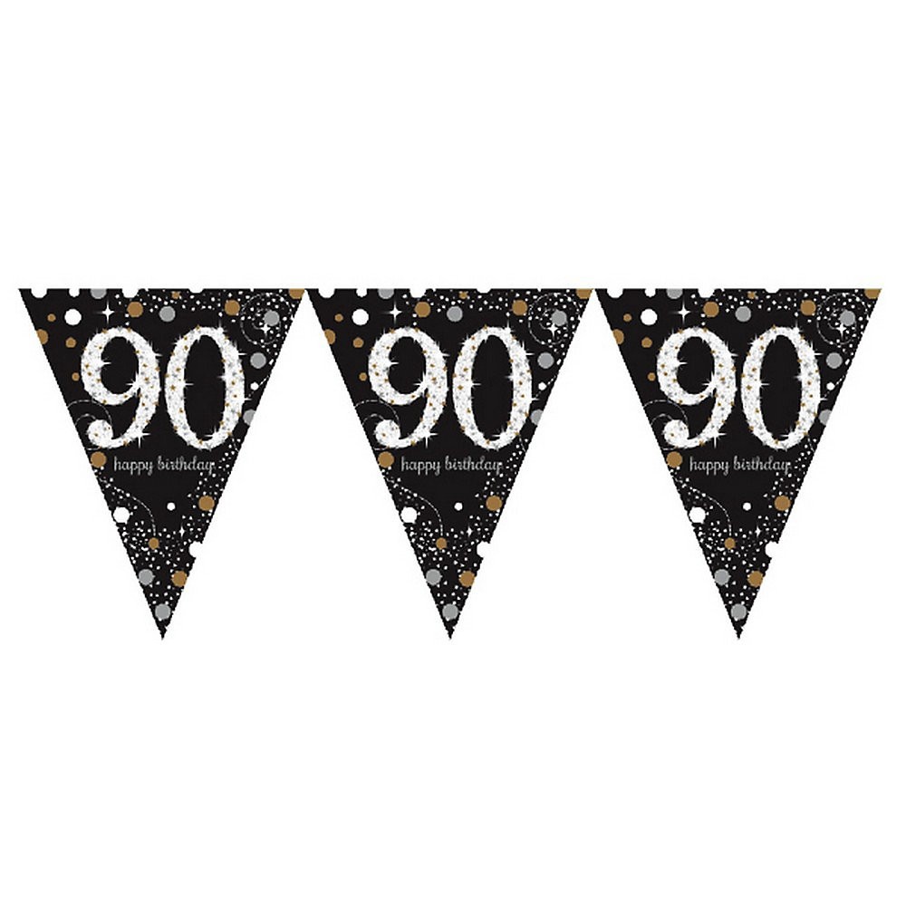 Happy 90th Birthday Flag Bunting Silver Black Party Age 90 Decoration 4m