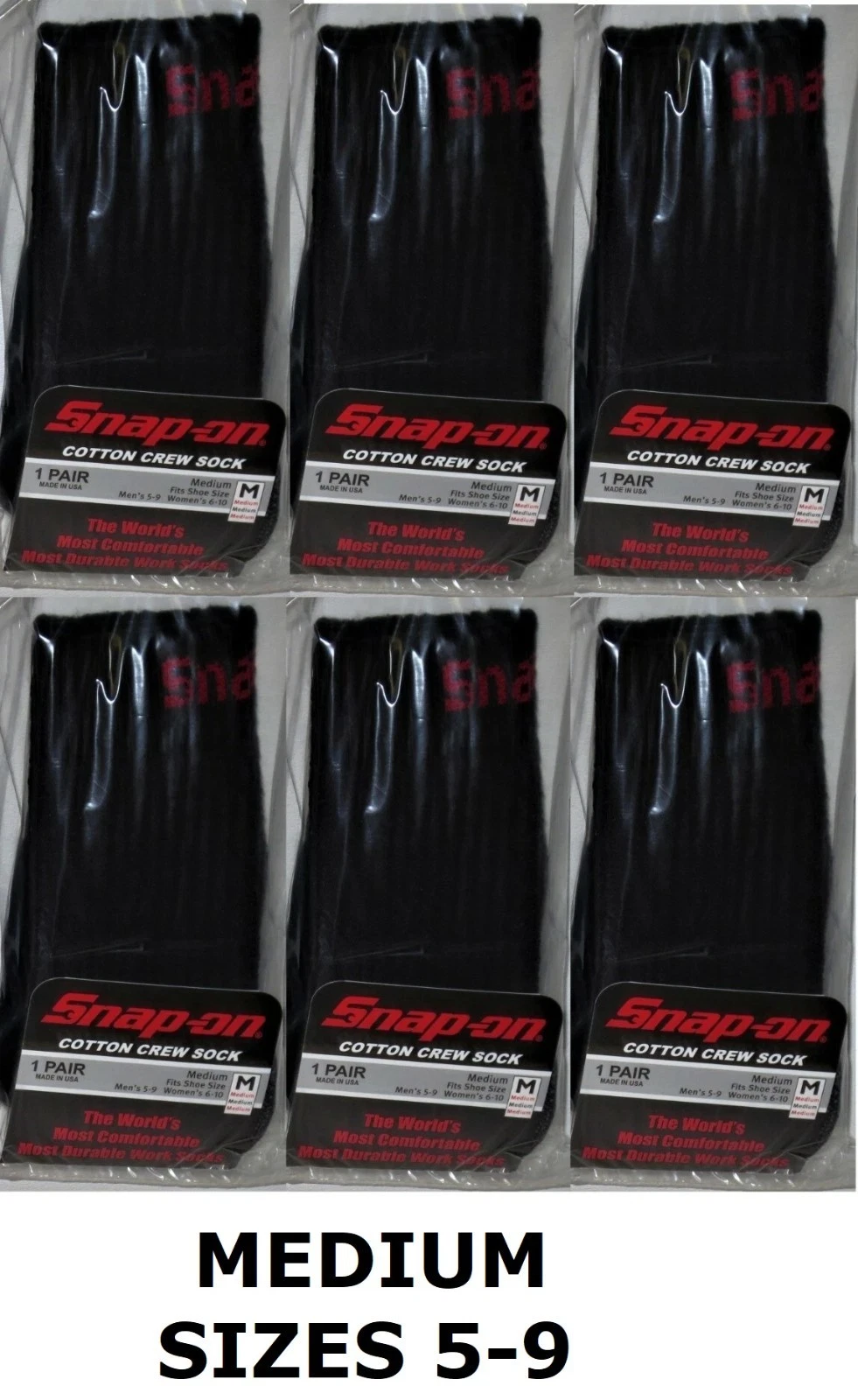 6 PAIRS Men's BLACK Snap-On Crew Socks MEDIUM *FREE SHIPPING ~ MADE IN USA *NEW*