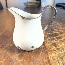Vintage KER Sweden White Enamelware Decorative Creamer Pitcher Black Trim 3.5"