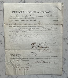 ANTIQUE 1879 OFFICIAL BOND & OATH DEBT DOCUMENT WYANDOTT COUNTY KANSAS
