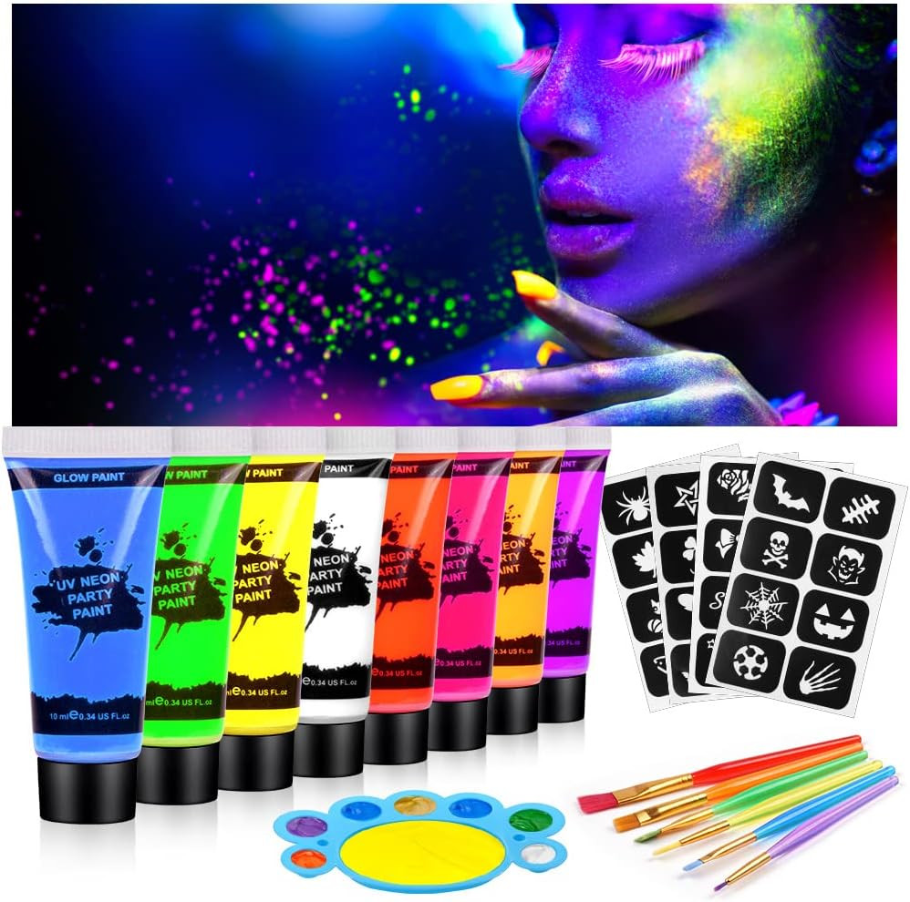 Pintura Fluorescente en la Oscuridad, 8 Colores Pintura Cara Niños Hipoalergenic