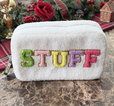Festive Voice Sherpa Zippered Pouch - White ''STUFF'' Cosmetic/Travel Bag (NWT)
