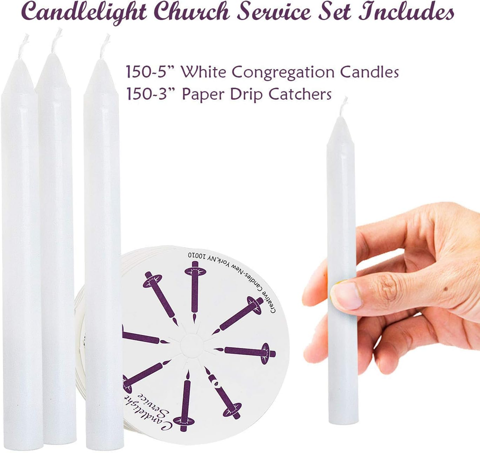 150 Church Candles with Drip Protectors for Devotional Candlelight