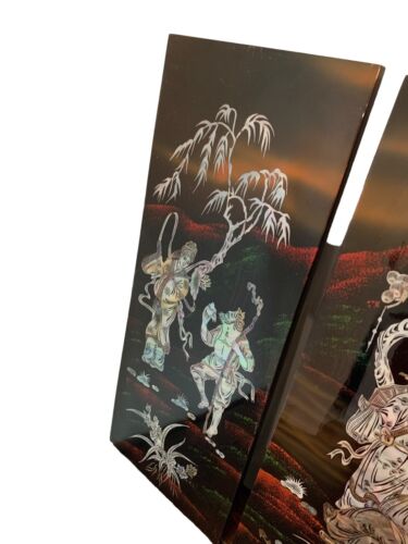 3 Vintage Asian Chinese MOTHER OF PEARL Black Lacquer Wall Plaque Panels 19.5”x8 - Picture 3 of 17