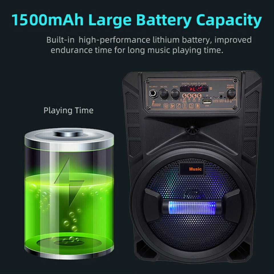 1500W 8'' Portable FM Bluetooth Speaker Subwoofer Heavy Bass Sound System Party - Image 4 of 4