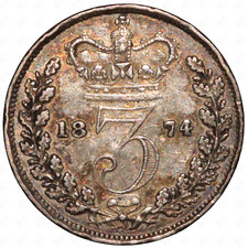 1874 Great Britain Victoria Threepence Coin – Dies 3+B – Silver