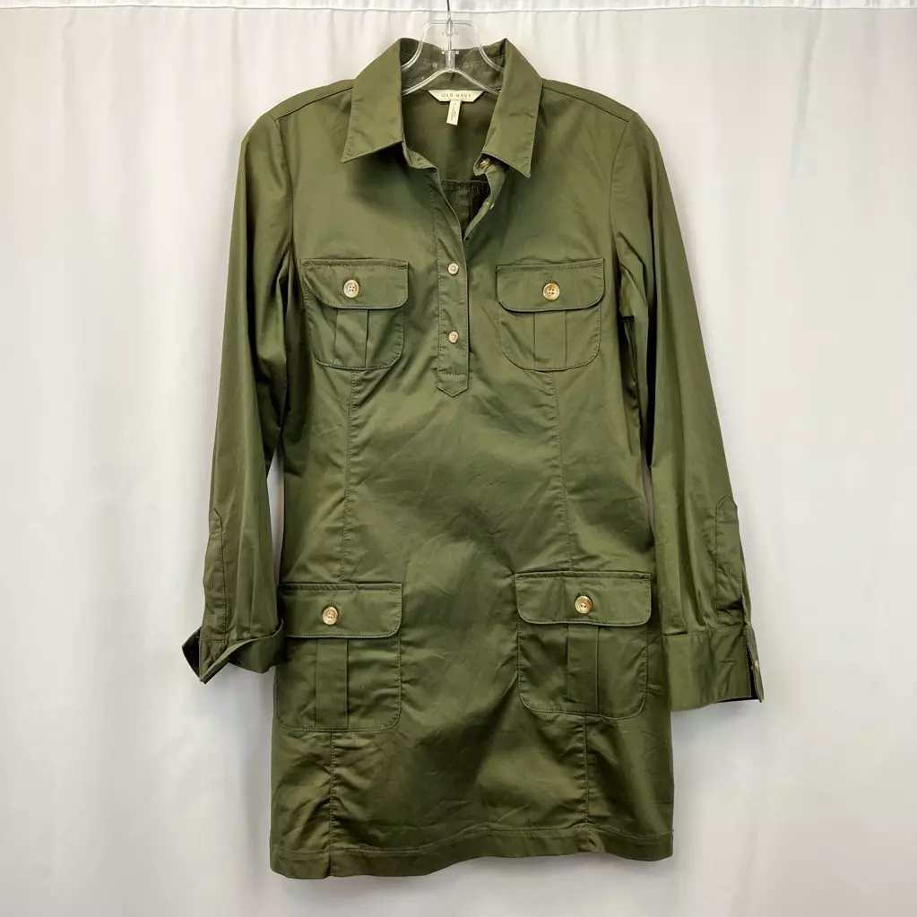 Old Navy Womens Shirt Dress Solid Olive Green Long Sleeve Camp Pockets Safari S