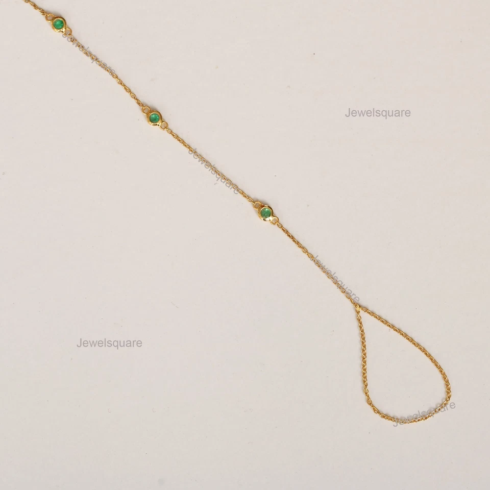 14k Gold Emerald Delicate Chain Slave Filled Ring to Layering Wrist Bracelet - Image 2 of 4