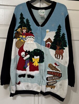 The Quacker Factory Christmas Santa Cardigan Plus Size 1X Hidden Buttons