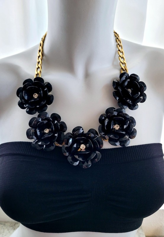 Designer ILY Signed Couture Black Rhinestone Flower Cluster Statement Necklace 