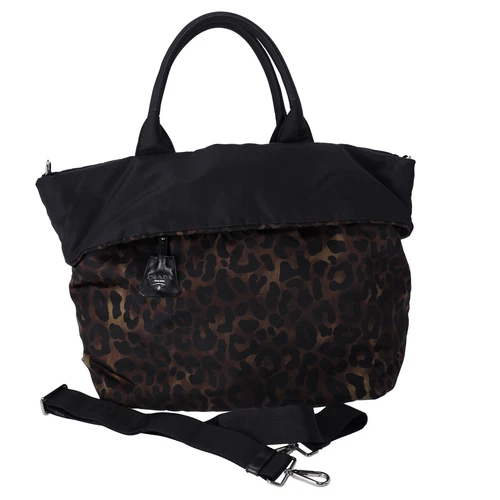 Borsa Prada Tessuto Reversibile Stampa Leopardata Nylon Tote Bag Marrone