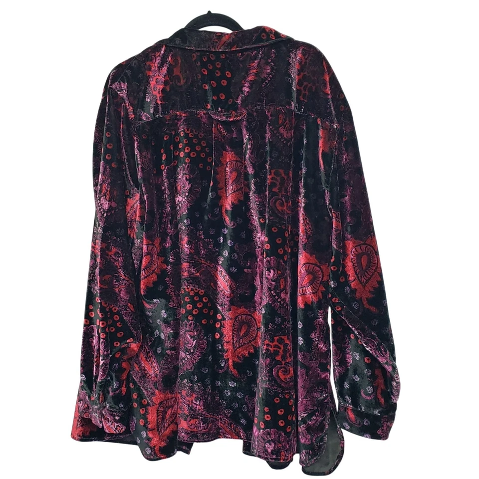 Vintage Negro Borgoña Púrpura Paisley Terciopelo Manga Larga Botón Delantero Años 90 Grunge Foto 4 de 4