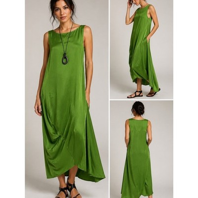 Zero + Maria Cornejo Draped Green Silk Blend Cocoon Dress Asymmetrical Lagenlook