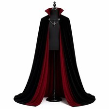 Black Velvet Vampire Cloak Red Satin Lined Gothic Cape Halloween Costume
