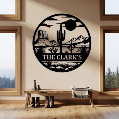 Desert Sunset Family Metal Sign Custom Cactus Wall Art Ranch Decor Gift