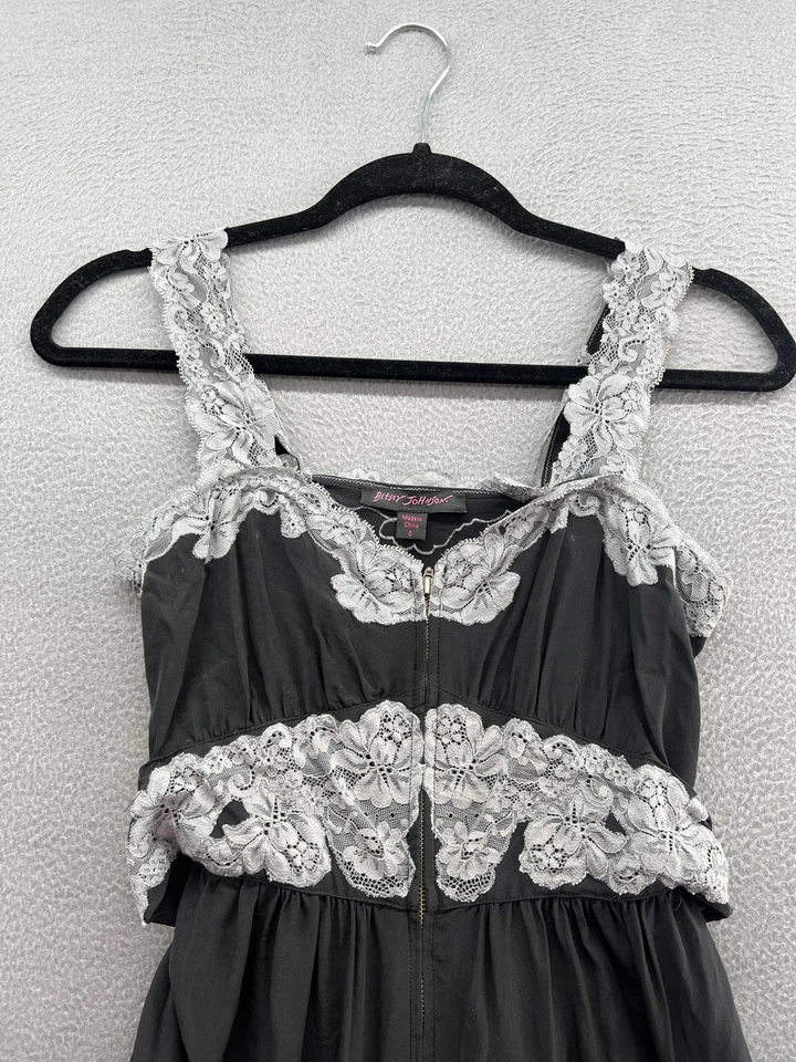 Betsey Johnson Dress Womens 0 Black Gray Lace Silk Sleeveless Midi Floral Trim - Image 2 of 4