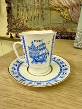 Rare Imperial Russian Porcelain Lomonosov Teacup/Saucer Nautical Blue Gold