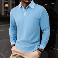 Men's Casual Polo Shirts Classic Button Basic Long Sleeve Shirt Solid Color Tops