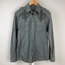 Vintage Y2K Roar Shirt Mens Medium Gray Embroidered Button Up Long Sleeve
