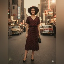 Mango Burgundy Black Polka Dot Mod Pinup Retro Button Maxi Dress Size 8 New!