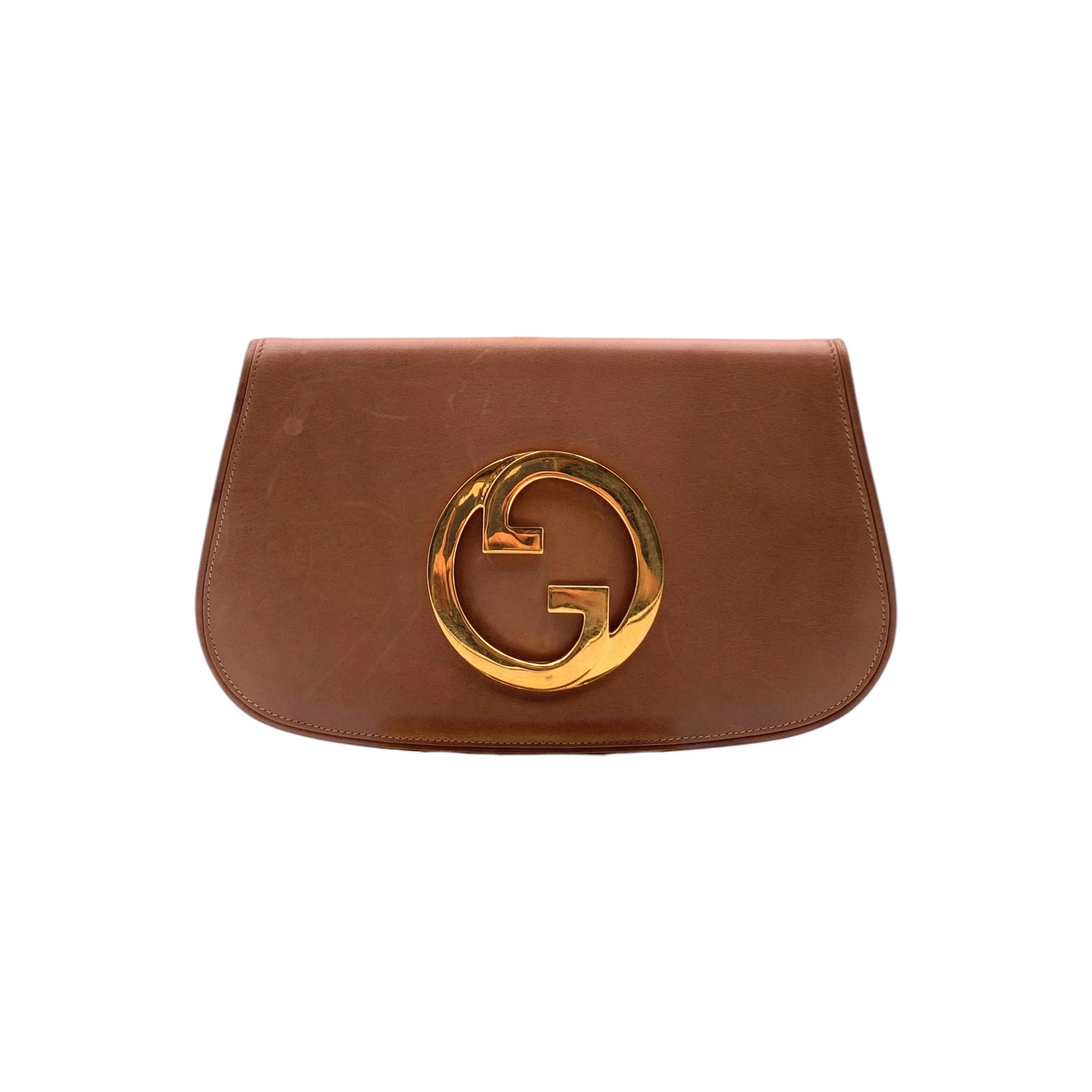 Clutch Gucci Vintage Blondie in Pelle Tan con Logo GG Dorato Oversized