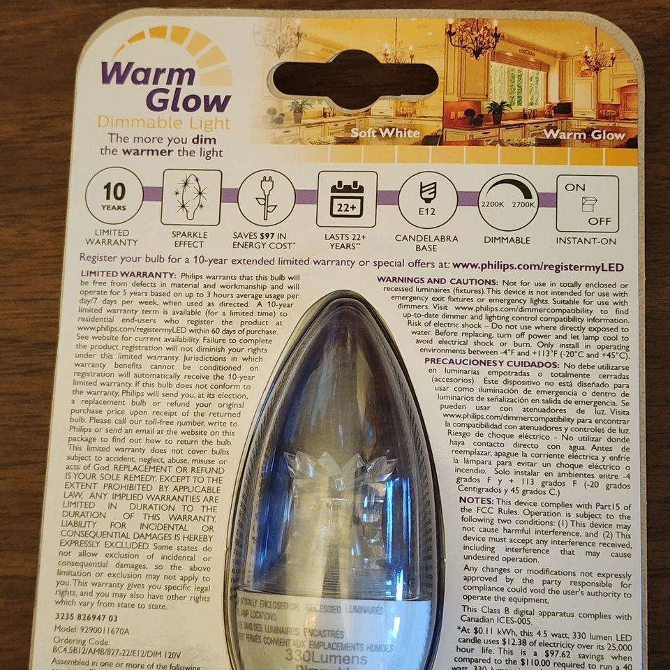 Philips 4.5w LED (Replaces 40w) Dimmable Warm Glow Sparkle Effect Candelabra x6 - Image 4 of 4