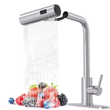 Brushed Nickel Single Hole Kitchen Faucets with Pull Down Sprayer, Single Han...