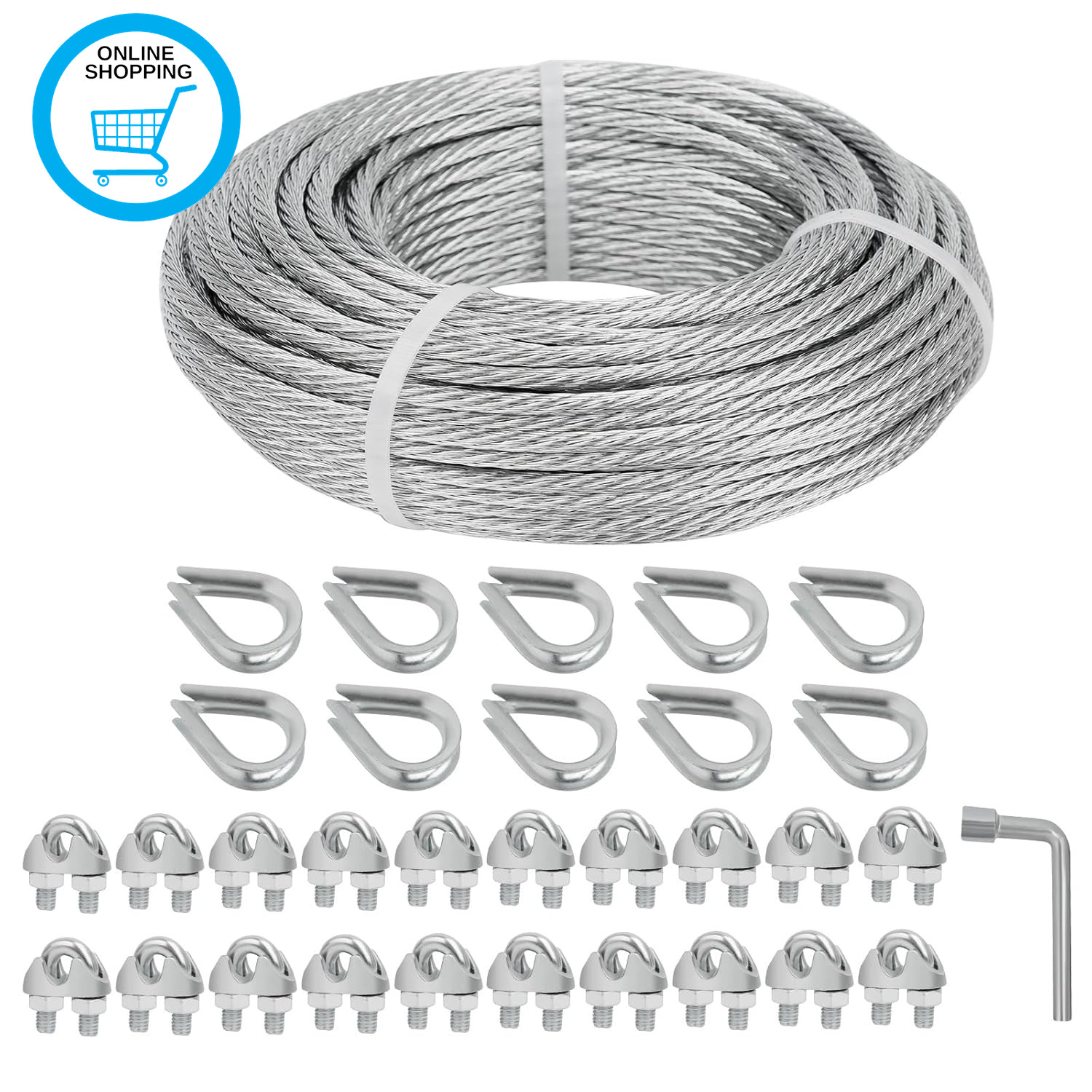 5Mm Wire Rope, 30M Galvanized Wire Rope with 20Pcs M5 Clamps & 10Pcs Thimbles, 7