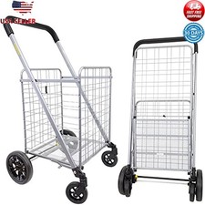 Silver Deluxe 2 Shopping Laundry Cart 100lbs Capacity Foldable Lightweight