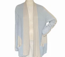 LOGO Lori Goldstein Mixed Media Knit Open Cardigan Sweater L Beige & Gray #227B