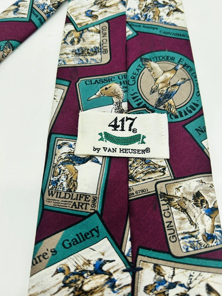 Corbata para hombre Van Heusen 417 seda patos mallardos granate verde 3,75x58 EE. UU. Foto 4 de 4