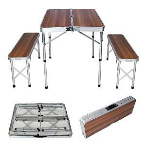Table De Camping Alu Couleurs Bois Pliante En Valise 2 Bancs 90 Cm Ebay