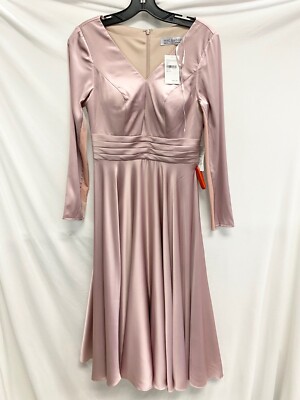 MAC DUGGAL Rose Pink V-Neck Satin Pleated Empire Waist Midi Dress 6  (ALTERED)