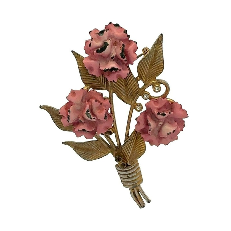 Vintage Pink Flower Brooch Gold Tone Enamel Bouquet Floral Pin