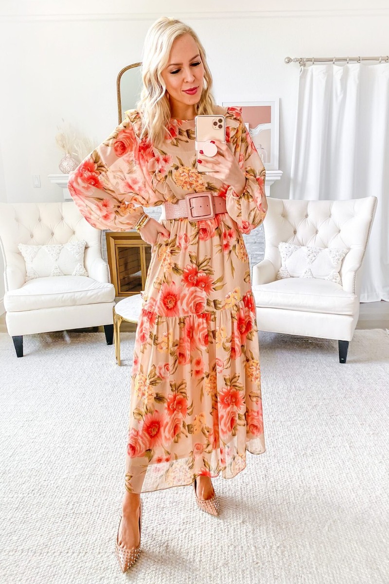 H&M Pink Beige Floral Print Chiffon Midi Maxi Modest Summer