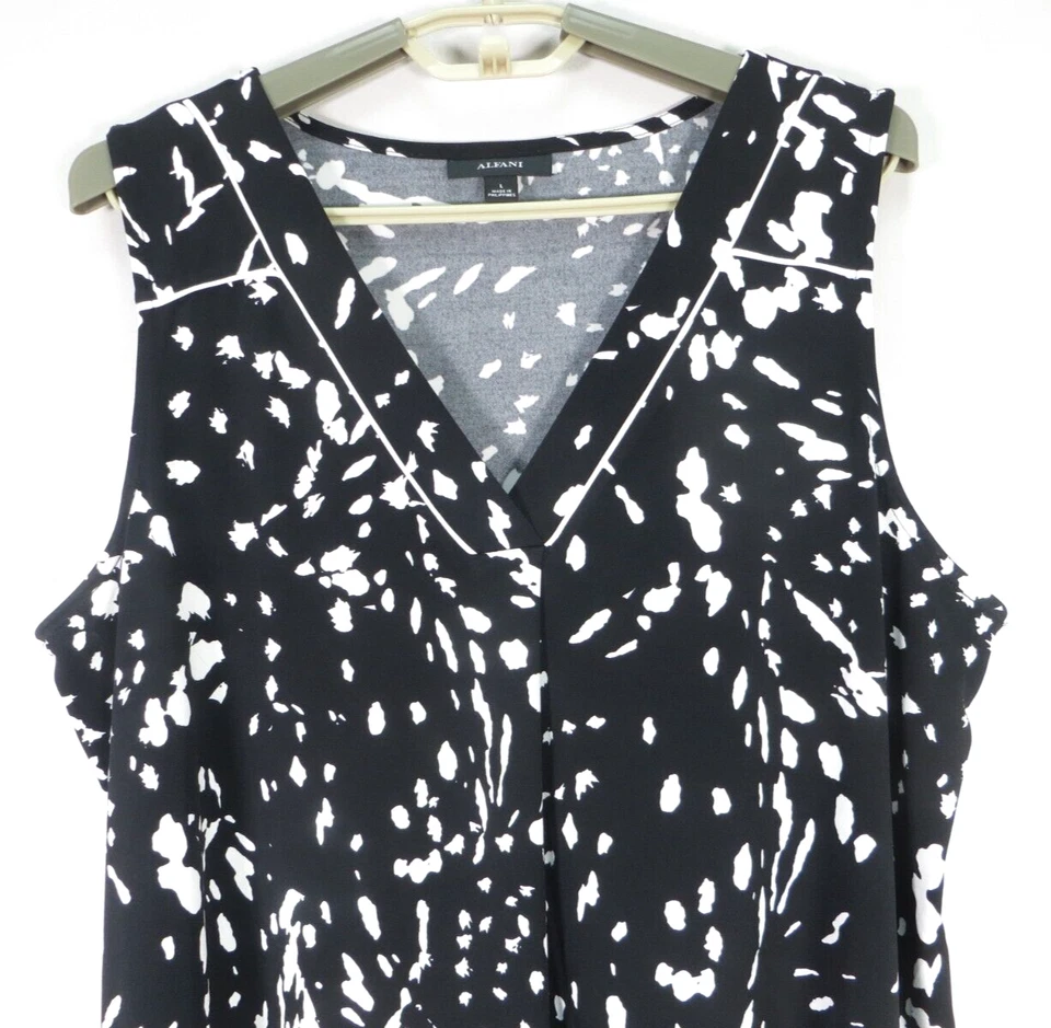 ALFANI Women Stretch Comfy Polyester Tank Top V Neck Classy Black White Geo L - Image 2 of 4