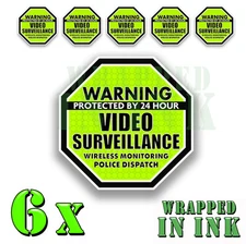 Warning 24 hour Video Surveillance Security Stickers GREEN OCT Decal 6 PACK 4"