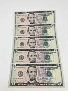 New 5 x Uncirculated $5 Five Dollar Bills in Sequential Order US Real Money