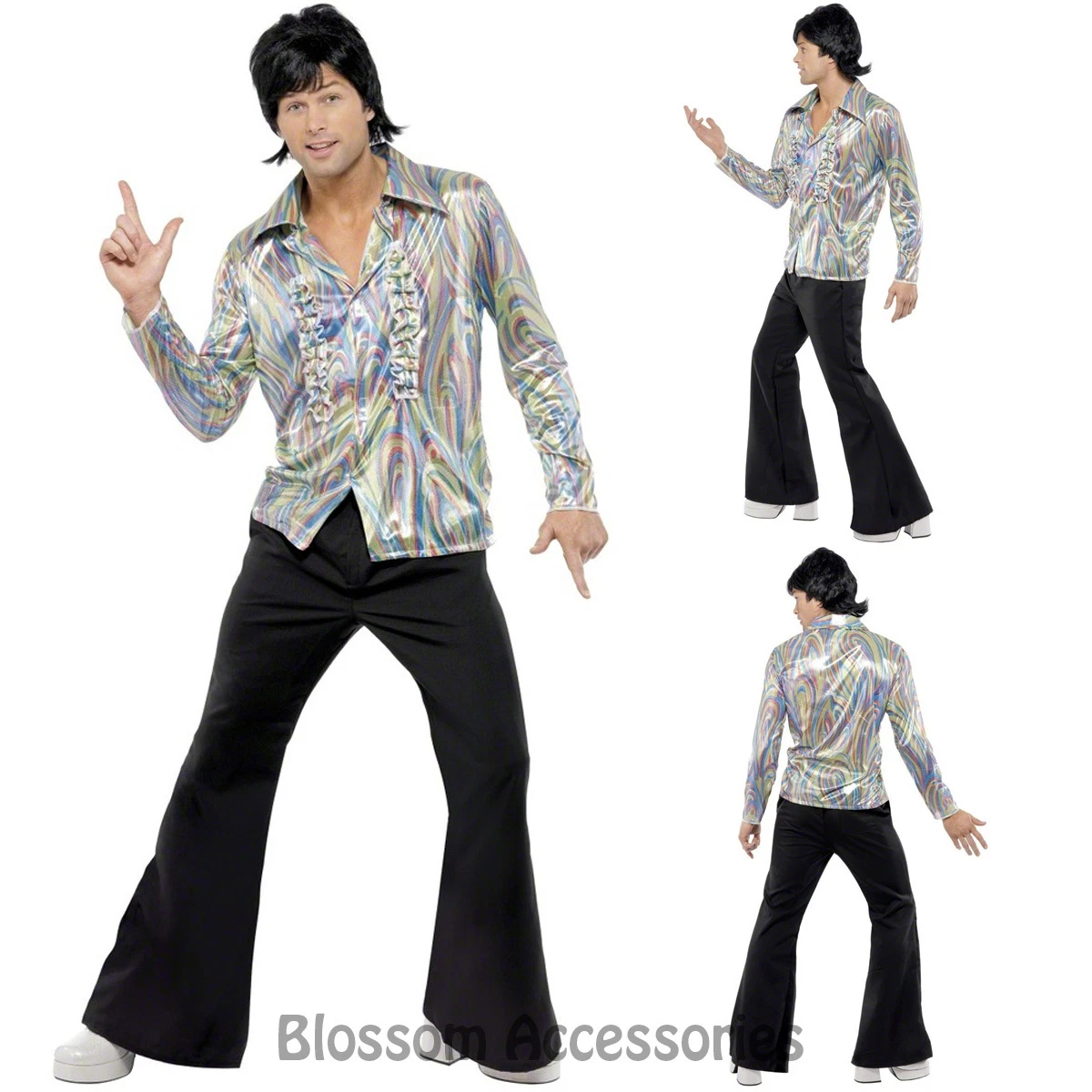 CL294 70's Retro Man Costume Rainbow Paisley Shirt + Flares Disco