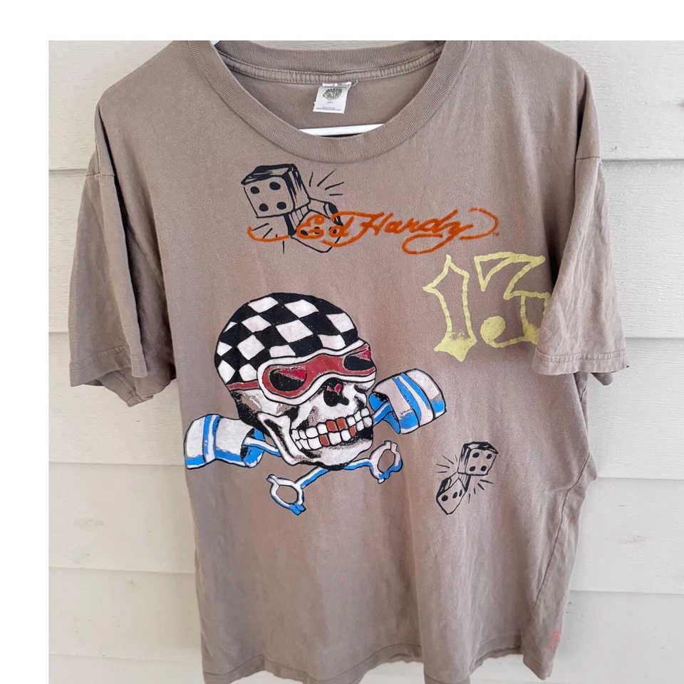 Camiseta De Colección Y2K Ed Hardy Gráfica Diseño Calavera Dados Manga Corta Top Talla XL Foto 2 de 4
