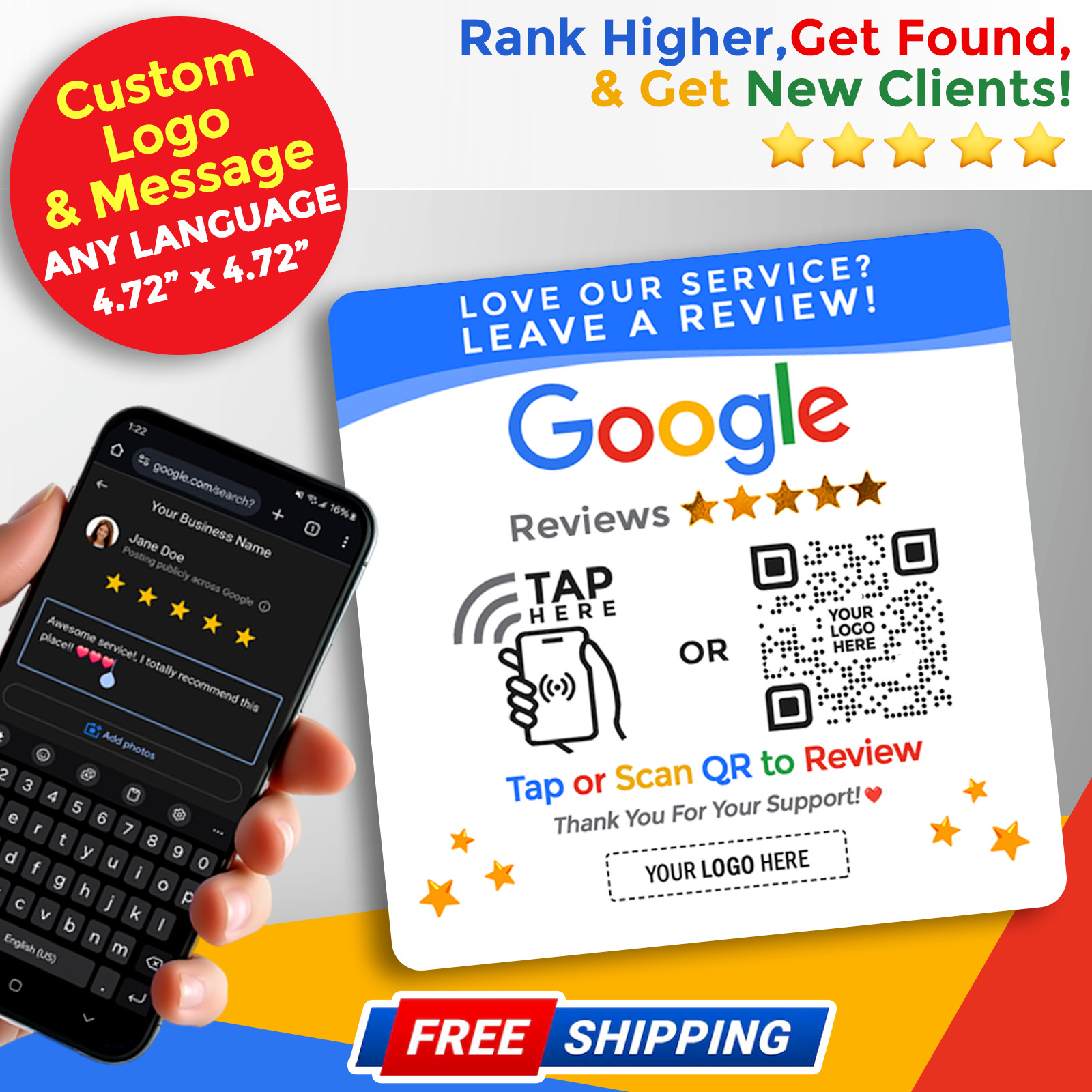 TapjetPro Custom Logo Google Review Tap Plate | XL Display Sign | NFC + QR Code