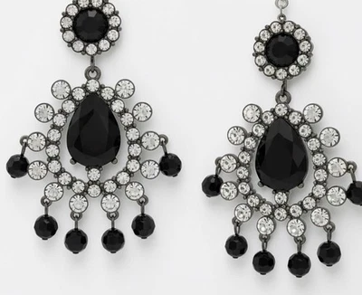 Kenneth Jay Lane Vintage Black Chandelier Crystal Drop Clip Earrings 1980s 2.5" - Image 1 of 4