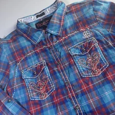 Roar Western Embroidered Shirt Laguna Blue  Rhinestone Snap Button Sz Lg Cowgirl