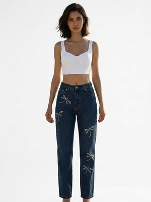 Anna Molinari Vintage Rhinestone Dragonfly Jeans Dark Wash Denim Straight Leg